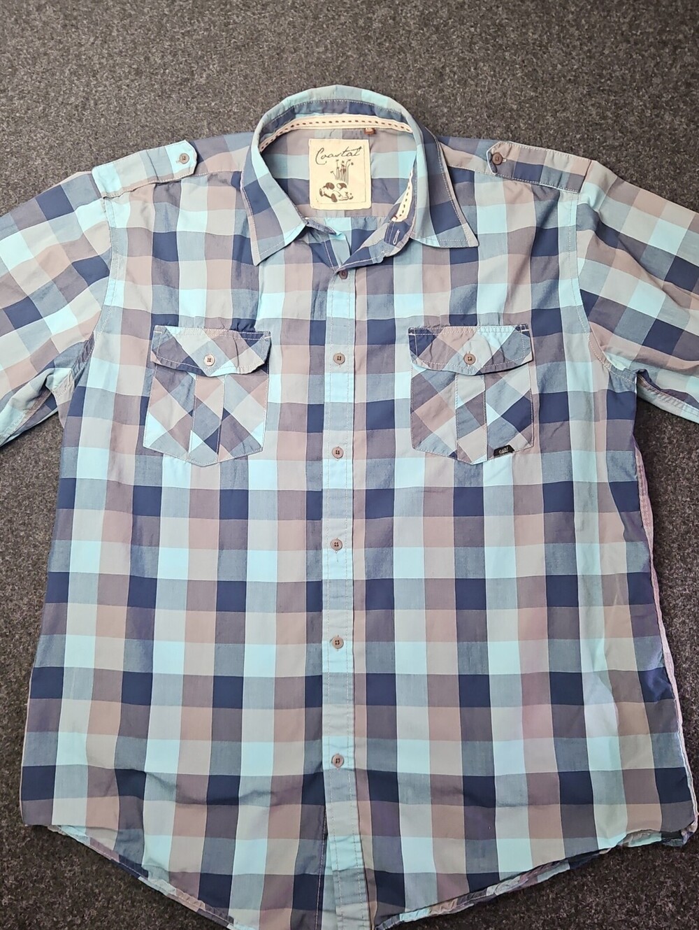 Coastal Mens Short Sleeve Button Shirt Turquoise Plaid XXLarge